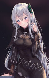  1girl absurdres black_background black_dress blush breasts bug butterfly butterfly_hair_ornament commentary_request dress echidna_(re:zero) flustered green_butterfly hair_between_eyes hair_ornament hand_in_own_hair hand_on_table highres long_hair looking_to_the_side medium_breasts open_mouth re:zero_kara_hajimeru_isekai_seikatsu solo tooku0 violet_eyes white_hair 