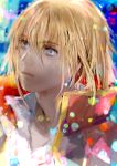  1boy bangs blonde_hair blue_eyes blurry blurry_background bokeh closed_mouth collared_shirt commentary_request crystal_earrings depth_of_field earrings expressionless eyelashes face gem gold_trim hair_between_eyes high_collar highres howl_(howl_no_ugoku_shiro) howl_no_ugoku_shiro jacket jacket_on_shoulders jewelry lips looking_afar looking_up male_focus multicolored multicolored_clothes multicolored_jacket necklace popped_collar shirt short_hair solo tomatika upper_body white_shirt 