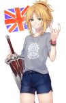  1girl \n/ blonde_hair casual citron_82 clarent contemporary fate/apocrypha fate/grand_order fate_(series) flag green_eyes grin hair_ornament hair_scrunchie ponytail saber_of_red scrunchie shirt shorts smile solo sword t-shirt union_jack united_kingdom weapon wristband 