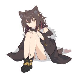  1girl animal_ears arknights bare_shoulders black_boots boots brown_hair brown_jacket commentary dress fingerless_gloves fur-trimmed_jacket fur_trim gloves hair_between_eyes hair_ornament hands_on_own_knees highres jacket knees_up lunacub_(arknights) material_growth medium_hair oripathy_lesion_(arknights) sitting sleeveless sleeveless_dress solo tail tassel tassel_hair_ornament untranslatable_commentary white_background white_dress wolf_ears wolf_girl wolf_tail yaco_n yellow_eyes 