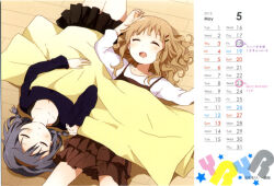  2012 2girls arm_up artist_name black_shirt blanket blue_hair blunt_bangs blush braid brown_hair brown_skirt calendar_(medium) closed_eyes collarbone copyright_notice cowboy_shot drooling fang furutani_himawari long_hair long_sleeves lying may miniskirt multiple_girls namori on_back oomuro_sakurako open_mouth shirt skirt sleeping third-party_source twin_braids under_covers white_shirt yuruyuri 