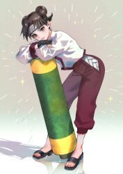  1girl black_gloves brown_hair closed_mouth commentary crossed_arms double_bun fingerless_gloves forehead_protector full_body gloves grey_eyes hair_bun highres konohagakure_symbol leaning_on_object long_sleeves looking_at_viewer naruto_(series) naruto_shippuuden o000oxx pants puffy_sleeves red_pants sandals scroll shirt smile solo tenten_(naruto) twitter_username white_shirt 