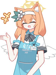  1girl alternate_costume angel's_24_uniform_(blue_archive) angel_wings animal_ear_fluff animal_ears apricotlemontea apron bikini black_bow black_bowtie blue_apron blue_archive bow bowtie cat_ears cat_girl closed_eyes commentary contrast_collar cowboy_shot double-parted_bangs flower hair_between_eyes hair_flower hair_ornament hairband halo long_hair mari_(blue_archive) name_tag open_mouth orange_hair print_bikini shirt short_sleeves sidelocks simple_background solo standing swimsuit white_background white_flower white_hairband white_shirt wings yellow_halo 