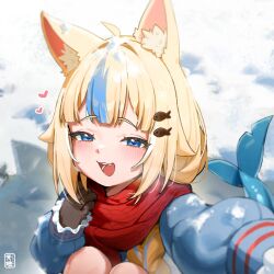  ahoge animal_ear_fluff animal_ears blonde_hair blue_eyes blue_streaks blush brown_gloves cat_ears fins fish_girl fish_ornament fish_tail frills gloves hair_intakes heart highres indie_virtual_youtuber long_sleeves looking_at_viewer medium_hair multicolored_hair open_mouth red_scarf sameko_saba sameko_saba_(winter_dress) scarf smile snow squatting straight-on streaked_hair tail teeth tenchi_mayo 
