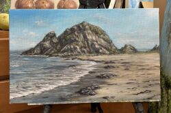  beach blue_sky clouds commentary_request day hashibossan landscape no_humans ocean original outdoors painting_(medium) rock sand scenery sky traditional_media water 