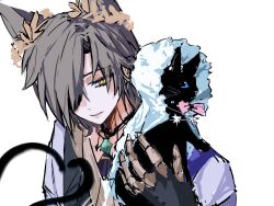  1boy animal animal_ears animal_on_shoulder arknights black_cat black_gloves bow brown_hair cat cat_boy cat_ears cat_on_shoulder gloves hair_over_one_eye highres holding holding_animal holding_cat laurel_crown looking_at_viewer male_focus miss.christine_(arknights) miss_christine_(the_underfur_soiree)_(arknights) multiple_tails parted_lips phantom_(arknights) pink_bow short_hair simple_background solo tail tragodia_(arknights) two_tails upper_body white_background yellow_eyes yifanhao22766 