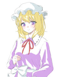 0002koko 1girl absurdres blonde_hair blush bow closed_mouth dress dress_bow hand_up hat highres long_sleeves looking_at_viewer maribel_hearn medium_hair mob_cap neck_ribbon purple_dress red_ribbon ribbon simple_background sketch smile solo split_mouth touhou upper_body violet_eyes white_background white_bow white_hat 