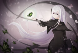  1girl abstract_background black_dress black_eyes book breasts bug butterfly butterfly_hair_ornament commentary_request dress echidna_(re:zero) green_butterfly grey_background hair_between_eyes hair_ornament highres long_hair looking_at_animal medium_breasts re:zero_kara_hajimeru_isekai_seikatsu smile white_hair yelda 