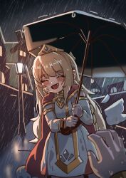  1girl absurdres blonde_hair blush_stickers cape closed_eyes commentary_request detached_sleeves detached_wings dirty dirty_clothes dirty_face dochsaechi dress erpin_(trickcal) fur-trimmed_cape fur_trim highres korean_commentary lamppost leader_(trickcal) mud night open_mouth outdoors pov pov_hands rain red_cape smile solo_focus tiara trickcal umbrella wet white_dress wings 