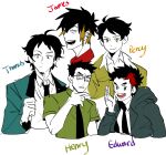  5boys black_hair blazer character_name chin_stroking ear_piercing edward_the_blue_engine glasses glasses_enthusiast henry_the_green_engine hood hoodie jacket james_the_red_engine male_focus multicolored_hair multiple_boys percy_the_small_engine piercing redesign school_uniform short_hair streaked_hair thomas_the_tank_engine thomas_the_tank_engine_(character) two-tone_hair upper_body 