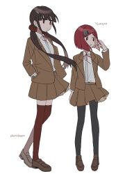  2girls black_thighhighs blue_gem brown_eyes brown_hair brown_jacket brown_shoes brown_skirt character_name commentary_request danganronpa_(series) danganronpa_3:_the_end_of_hope's_peak_high_school danganronpa_v3:_killing_harmony gem gem_hair_ornament hair_ornament hairclip harukawa_maki hope's_peak_academy_school_uniform jacket low_twintails multiple_girls nanao_(nanao1023) neck_ribbon open_clothes open_jacket red_eyes red_hair red_scrunchie red_thighhighs ribbon school_uniform scrunchie shoes short_hair skirt thigh-highs twintails white_background 