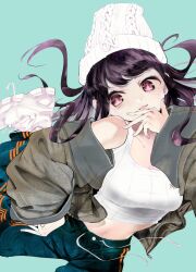  1girl beanie black_hair blue_pants breasts ccffeee commentary_request crop_top foot_out_of_frame hand_on_own_chin hat highres long_hair medium_breasts midriff miyao_on multicolored_hair navel off_shoulder pants pink_hair pink_lips purple_hair ribbed_tank_top sleeves_past_wrists smile solo tank_top track_pants white_hat white_tank_top wondance 