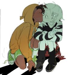  1boy 1girl arrcticc_fish brown_hair carrie_krueger colored_skin dark-skinned_male dark_skin darwin_watterson ghost ghost_girl green_shoes hair_ornament hair_over_one_eye highres hood hoodie humanization kiss orange_hoodie personification shirt shoes short_hair simple_background skirt skull_hair_ornament smile the_amazing_world_of_gumball white_hair 