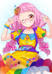  1girl absurdres blue_dress blush_stickers bow bracelet braid brown_eyes commentary_request dress frilled_sleeves frills glasses grin hair_bow highres jewelry kiki_ajimi long_hair multicolored_dress one_eye_closed palette_hair_ornament pink-framed_eyewear pink_bow pink_hair pointing pointing_at_self polka_dot polka_dot_bow polka_dot_dress pretty_series pripara purple_dress rayuse semi-rimless_eyewear short_bangs sidelocks smile solo twin_braids under-rim_eyewear yellow_dress 