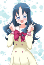  1girl :d absurdres blue_eyes blue_hair blush bow bowtie breasts bubble_background buttons commentary cowboy_shot dokadayo double_v dress english_commentary hands_up heartcatch_precure! highres kurumi_erika long_hair long_sleeves looking_at_viewer medium_breasts myoudou_gakuen_middle_school_uniform open_mouth pleated_dress precure puffy_long_sleeves puffy_sleeves red_bow red_bowtie sailor_collar school_uniform smile solo umakoshi_yoshihiko_(style) upper_body v wavy_hair white_background white_sailor_collar winter_uniform yellow_dress 