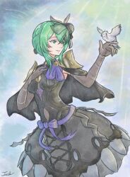  1girl armor bird bird_on_hand black_dress black_hat bow breasts crossed_bangs dress eshmel_(pale_raven)_(fire_emblem) fascinator fire_emblem fire_emblem:_fortune's_weave gloves green_eyes green_hair hair_between_eyes hat hat_bow highres itsjarrrd mini_hat ninae_(fire_emblem) parted_lips short_hair_with_long_locks shoulder_armor smile 