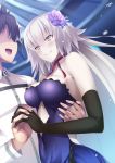  1boy 1girl :d ahoge armpit_peek asakura_kukuri bangs bare_shoulders black_gloves blue_dress blush breasts choker commentary_request couple covered_navel dancing dress elbow_gloves face-to-face fate/grand_order fate_(series) flower fujimaru_ritsuka_(male) gloves grin hair_flower hair_ornament hand_holding highres interlocked_fingers jeanne_alter long_hair medium_breasts open-back_dress open_mouth ribbon_choker ruler_(fate/apocrypha) silver_hair smile upper_body very_long_hair yellow_eyes 