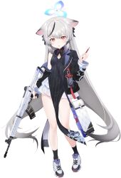  1girl animal_ear_fluff animal_ears arm_at_side assault_rifle bag black_dress black_jacket black_ribbon black_socks black_streaks blue_archive blue_halo blush breasts cleavage_cutout clothing_cutout cross-laced_shoes dress flower_knot frilled_skirt frills full_body game_asset gradient_hair grey_hair gun hair_between_eyes hair_ribbon halo hand_up highres holding holding_gun holding_pencil holding_weapon id_card jacket kokona_(blue_archive) large_variant_set legs light_blush long_dress long_hair long_sleeves looking_at_viewer miniskirt multicolored_hair off_shoulder official_art open_clothes open_jacket open_mouth orange_eyes pelvic_curtain pencil pinstripe_dress pinstripe_jacket pinstripe_pattern qbz-03 ribbon rifle seicoh serious shoes shoulder_bag sidelocks simple_background single_bare_shoulder skirt skirt_under_dress sleeveless sleeveless_dress small_breasts sneakers socks solo standing streaked_hair tachi-e tassel thighs third-party_source tiger_ears tiger_girl transparent_background trigger_discipline v-shaped_eyebrows variant_set very_long_hair weapon white_shoes white_skirt 
