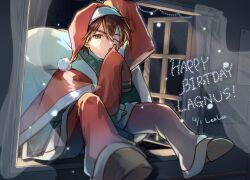  1boy arm_up artist_name brown_eyes brown_hair brown_shoes cape character_name christmas commentary_request curtains dated fur-trimmed_cape fur-trimmed_headwear fur-trimmed_pants fur_trim green_scarf hand_up happy_birthday hat highres holding holding_sack indoors lagnus_the_brave lagnus_the_brave_(heroic_santa) lealea5656 long_sleeves looking_at_viewer male_focus night official_alternate_costume on_windowsill one_eye_closed open_mouth open_window oversized_clothes pants puyopuyo puyopuyo_quest red_cape red_hat red_pants red_shirt sack santa_costume santa_hat scarf shirt shoes short_hair sitting sleeves_past_fingers sleeves_past_wrists snowing solo window windowsill 