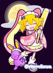  1girl ^_^ alternate_costume animal animal_ears apron black_background blonde_hair bow closed_eyes clouds commentary dango fake_animal_ears food full_body full_moon hair_bow holding holding_mallet japanese_clothes kimono kine maid_headdress mallet moon official_style open_mouth pimyuhuwa pink_kimono pink_socks purple_bow puyopuyo puyopuyo_quest rabbit rabbit_ears sanbou sandals short_hair smile socks solo standing standing_on_one_leg stuffed_animal stuffed_rabbit stuffed_toy tabi tsukimi_dango twitter_username usagurumi_(puyopuyo) wagashi white_apron wide_sleeves zouri 