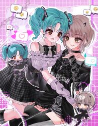 2girls :d absurdres arm_belt arm_warmers belt black_belt black_bow black_bowtie black_collar black_shirt black_skirt bow bowtie breasts brown_hair chibi chibi_inset collar commentary_request commission crepe_commission emoji female_producer_(idolmaster) gingham_clothes gingham_skirt gothic_punk green_hair grey_arm_warmers gyarukawai_(ntabaka) highres idolmaster idolmaster_million_live! idolmaster_million_live!_theater_days jirai_kei multiple_belts multiple_girls official_alternate_color official_alternate_costume original producer_(idolmaster) purple_shirt shirt short_hair skirt smile studded_collar studs tokugawa_matsuri torn_clothes torn_shirt twintails yellow_eyes 