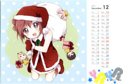  2012 4girls :d akaza_akari artist_name bare_shoulders blush boots box calendar_(medium) chibi christmas copyright_notice december double-parted_bangs dress full_body funami_yui fur-trimmed_dress fur-trimmed_headwear fur_trim gift gift_box hair_between_eyes hair_bun hat looking_at_viewer mini_person minigirl multiple_girls namori open_mouth red_boots red_dress red_hair sack santa_costume santa_dress santa_hat short_hair sleeveless sleeveless_dress smile third-party_source toshinou_kyouko violet_eyes yoshikawa_chinatsu yuruyuri 