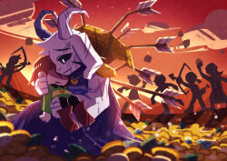  6+others absurdres ambiguous_gender androgynous animal_ears arrow_(projectile) asriel_dreemurr asriel_dreemurr_(god_of_hyperdeath) black_sclera boots bow_(weapon) brown_boots brown_hair chara_(undertale) closed_mouth clouds colored_sclera commentary_request field flower flower_field furry furry_male green_sweater heart heart_necklace highres holding holding_bow_(weapon) holding_weapon horns jewelry long_sleeves multiple_others necklace no_eyes outdoors shaded_face short_hair smile spoilers sweater undertale utdr_(toby_fox) watawata22 weapon white_eyes 