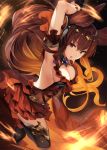  1girl animal_ears anthuria armpits arms_behind_head arms_up bangs breasts brown_eyes brown_hair cleavage dress erun_(granblue_fantasy) frilled_dress frills granblue_fantasy hair_ornament long_hair looking_at_viewer medium_breasts open_mouth paseri red_dress sideboob solo thigh-highs 