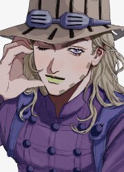  1boy absurdres blonde_hair brown_hat cowboy_hat eyelashes goggles goggles_on_headwear green_lips gyro_zeppeli hand_on_own_cheek hand_on_own_face hat heart heart_hands highres jojo_no_kimyou_na_bouken lipstick long_hair looking_at_viewer makeup male_focus odoruzatta one_eye_closed purple_shirt shirt simple_background solo steel_ball_run upper_body violet_eyes white_background 