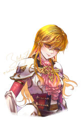  1girl absurdres armor artist_name ascot blonde_hair chest_guard closed_mouth commentary cropped_torso dated earrings fire_emblem fire_emblem:_genealogy_of_the_holy_war fire_emblem_heroes frills gem hair_between_eyes hair_flaps highres jewelry lachesis_(fire_emblem) lachesis_(loving_sister)_(fire_emblem) long_hair long_sidelocks looking_at_viewer official_alternate_costume pauldrons pink_ascot pink_lips plate_armor red_gem shoulder_armor sidelocks signature simple_background smile solo tassets twitter_username vambraces watermark white_armor white_background yeeej yellow_eyes 
