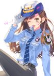  1girl alternate_costume animal_print arm_at_side arm_support bangs belt belt_buckle black_pants blue_necktie blue_shirt boya_(user_cdjw4444) breast_pocket breasts brown_eyes brown_hair buckle bunny_print buttons collared_shirt cowboy_shot d.va_(overwatch) epaulettes eyelashes facepaint gloves hand_on_headwear hand_up hat highres knee_up long_hair long_sleeves looking_at_viewer medium_breasts mouth_hold necktie officer_d.va one_eye_closed overwatch pants pocket police police_hat police_uniform policewoman red_lips salute shirt simple_background sitting smile solo striped striped_necktie uniform weapon whisker_markings whistle white_background white_gloves wing_collar 