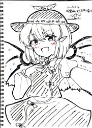  1girl :d absurdres animal_ears bird_ears bird_wings blush bow bowtie collared_shirt commentary_request dated dress fingernails highres long_fingernails long_sleeves looking_at_viewer medium_hair mystia_lorelei open_mouth pinafore_dress rital shirt signature sleeveless sleeveless_dress smile solo touhou traditional_media translation_request winged_hat wings 