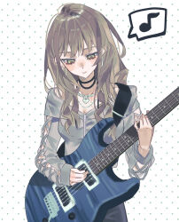  1girl absurdres bang_dream! bang_dream!_our_notes brown_hair chinese_commentary closed_mouth commentary_request cowboy_shot e_(xhs_26864730299) green_eyes grey_jacket guitar highres holding holding_guitar holding_instrument instrument jacket kotohira_nagi long_hair looking_at_another looking_down musical_note polka_dot polka_dot_background solo spoken_musical_note white_background 