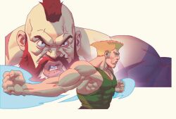  2boys bare_shoulders beard blonde_hair clenched_hands clenched_teeth facial_hair flattop furrowed_brow green_tank_top guile male_focus mature_male mohawk multiple_boys multiple_scars muscular muscular_male no_eyebrows open_mouth scar short_hair street_fighter tank_top teeth topless_male upper_body vitaliy_shushko yellow_background zangief 
