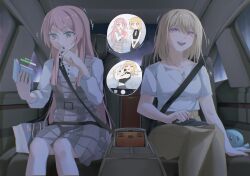  2girls :3 anon_tokyo_(bang_dream!) bang_dream! bang_dream!_it's_mygo!!!!! blonde_hair brh brown_skirt car cellphone chihaya_anon chinese_commentary commentary_request dress grey_dress grey_eyes hair_between_eyes highres holding holding_pen long_hair medium_hair misumi_uika motor_vehicle multiple_girls pen phone pinafore_dress plaid_clothes plaid_dress seatbelt shirt sitting skirt sleeveless sleeveless_dress smartphone stuffed_animal stuffed_octopus stuffed_toy togawa_sakiko violet_eyes white_shirt 