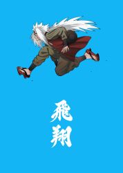  1boy facial_mark forehead_protector green_haori haori highres japanese_clothes jiraiya_(naruto) long_hair male_focus naruto_(classic) naruto_(series) naruto_shippuuden ronameu scroll_tube solo spiky_hair tear_troughs very_long_hair white_hair 