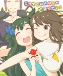  1boy 2girls :d ;q ^_^ animal animal_on_shoulder bird_hair_ornament black_cat breasts brown_eyes brown_hair cat cat_on_shoulder cheek-to-cheek choker closed_eyes collarbone copyright_name gatchaman_crowds glomp green_hair hair_flaps hair_ornament happy holding hug ichinose_hajime large_breasts lipstick long_hair looking_at_another makeup multiple_girls o.d. one_eye_closed open_mouth origami outline outstretched_arms parted_lips purple_hair school_uniform short_hair sleeveless smile takagi_hideaki tongue tongue_out utsutsu white_background yellow_lipstick yellow_sclera 