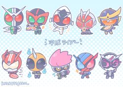  6+boys animification build_driver chibi commentary compound_eyes doubledriver doughnut english_commentary food full_body hand_on_own_chest handheld_game_console highres holding holding_donut holding_food holding_handheld_game_console kamen_rider kamen_rider_build kamen_rider_build_(rabbittank_form) kamen_rider_build_(series) kamen_rider_double kamen_rider_double_(cyclonejoker) kamen_rider_drive kamen_rider_drive_(series) kamen_rider_drive_(type_speed) kamen_rider_ex-aid kamen_rider_ex-aid_(action_gamer_level_2) kamen_rider_ex-aid_(series) kamen_rider_fourze kamen_rider_fourze_(base_states) kamen_rider_fourze_(series) kamen_rider_gaim kamen_rider_gaim_(orange_arms) kamen_rider_gaim_(series) kamen_rider_ghost kamen_rider_ghost_(ore_damashii) kamen_rider_ghost_(series) kamen_rider_ooo kamen_rider_ooo_(series) kamen_rider_ooo_(tatoba_combo) kamen_rider_w kamen_rider_wizard kamen_rider_wizard_(flame_style) kamen_rider_wizard_(series) kamen_rider_zi-o kamen_rider_zi-o_(series) knzk8739 l_hand looking_at_viewer male_focus multiple_boys notice_lines outstretched_arms rider_belt sitting sparkle standing tokusatsu 