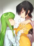  1boy 1girl =3 bangs black_hair black_hat blue_shirt blush c.c. cheese-kun closed_eyes closed_mouth code_geass couple creayus expressionless eyebrows_visible_through_hair fingernails from_side gradient gradient_background green_hair hat heart height_difference hetero holding jealous lelouch_lamperouge long_hair long_sleeves pouty_lips shirt sidelocks sleeves_past_wrists straight_hair upper_body violet_eyes 