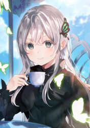  1girl absurdres black_dress blue_sky bug butterfly butterfly_hair_ornament chair clouds commentary_request cup dress echidna_(re:zero) glowing_butterfly green_butterfly green_eyes hair_between_eyes hair_ornament highres holding holding_cup light_blush looking_at_viewer re:zero_kara_hajimeru_isekai_seikatsu sky smile solo table teacup white_hair witch yuuka0922 