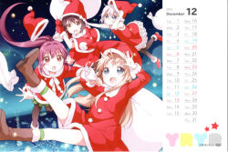  2015 4girls :d :o \||/ arm_up artist_name blue_eyes blush boots brown_boots brown_eyes brown_hair calendar_(medium) christmas copyright_notice december double-parted_bangs dress funami_yui green_socks hair_between_eyes hat ikeda_chitose knee_boots kneehighs long_hair long_sleeves looking_at_viewer multiple_girls namori night open_mouth outdoors purple_hair sack santa_costume santa_dress santa_hat short_hair smile socks sugiura_ayano third-party_source toshinou_kyouko v-shaped_eyebrows white_hair yuruyuri 