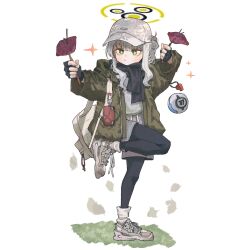  +_+ 1girl bag baseball_cap black_pantyhose black_scarf blue_archive commentary floating floating_object food full_body green_eyes green_halo green_jacket grey_shirt grey_shorts halo hare_(blue_archive) hare_(camp)_(blue_archive) hat holding holding_food jacket leaf long_sidelocks lord_potato pantyhose pouch scarf shirt shoes shorts side_ponytail sidelocks simple_background sneakers socks sparkle standing standing_on_one_leg sweet_potato whistle white_background white_bag white_hair white_hat white_shoes white_socks 