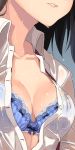  1girl arms_at_sides black_hair blue_bow blue_bra bow bow_bra bra close-up collared_shirt dress_shirt grey_background lace lace-trimmed_bra original parted_lips paseri see-through shirt simple_background solo unbuttoned unbuttoned_shirt underwear wet wet_clothes wet_shirt white_shirt 