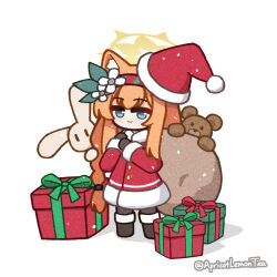  1girl animal_ear_fluff animal_ears apricotlemontea black_boots black_mittens black_pantyhose blue_archive blue_eyes blush boots box braid cat_ears cat_girl chibi coat commentary_request double-parted_bangs flower fur-trimmed_coat fur_trim gift gift_box hair_between_eyes hair_flower hair_ornament hair_tie hairband halo hat long_hair long_sleeves looking_at_viewer mari_(blue_archive) mittens orange_hair pantyhose red_coat red_hairband sack santa_costume santa_hat shadow sidelocks single_braid smile snow solo standing stuffed_animal stuffed_rabbit stuffed_toy teddy_bear tilted_headwear twitter_username very_long_hair white_flower yellow_halo 
