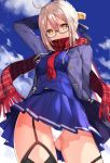  1girl ahoge arm_behind_back bangs black-framed_eyewear black_legwear blonde_hair blue_coat blue_skirt braid breasts clouds cloudy_sky coat duffel_coat energy_sword excalibur eyebrows_visible_through_hair fate/grand_order fate_(series) french_braid garter_straps glasses gluteal_fold heroine_x heroine_x_(alter) holding holding_sword holding_weapon looking_at_viewer matarou_(genkai_toppa) neckerchief open_clothes open_coat outdoors panties plaid plaid_scarf red_neckerchief red_scarf saber scarf scarf_over_mouth semi-rimless_glasses skirt sky small_breasts solo sword sword_behind_back tied_hair underwear upskirt weapon white_panties yellow_eyes 