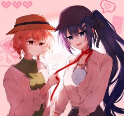  2girls blue_eyes blue_hair brown_hair closed_mouth commentary_request fang green_shirt hair_ornament hairclip hat highres holding holding_leash leash lei_meng_mist looking_at_viewer multiple_girls open_clothes open_mouth oumi_shiori ponytail shirt short_hair skin_fang sun_hat watashi_wo_tabetai_hitodenashi yaotose_hinako yellow_eyes 