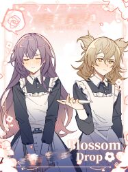  2girls apron black_dress blush brown_eyes brown_hair chinese_commentary clipboard closed_mouth collared_dress commentary_request cowboy_shot dress enmaided fushengmerak highres hijiri_byakuren holding holding_clipboard holding_plate long_hair long_sleeves maid multiple_girls pink_background plate purple_hair short_hair spoken_squiggle squiggle touhou toyosatomimi_no_miko translation_request white_apron white_background 