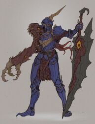  1boy absurdres armor commentary commission couter cuirass cuisses dagger english_commentary eyeball fake_horns fewer_digits full_body gauntlets grey_background helm helmet highres holding holding_sword holding_weapon horned_helmet horns huge_weapon knife male_focus ministerovvox monster_arm nightmare_(soulcalibur) pauldrons planted planted_sword plate_armor poleyn red_eyes sabaton shoulder_armor simple_background single_gauntlet single_pauldron single_rerebrace solo soulcalibur soulcalibur_iv standing sword two-handed_sword weapon 