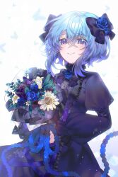  1girl blue_eyes blue_flower blue_hair blue_ribbon blue_rose blush bouquet bow bowtie bug butterfly claire_elford closed_mouth collar cowboy_shot dress flower frilled_collar frilled_sleeves frills grey_bow grey_bowtie grey_dress grey_ribbon hair_flower hair_ornament hair_ribbon half-closed_eyes highres holding holding_bouquet juliet_sleeves kawayoreve light_particles long_dress long_sidelocks long_sleeves official_alternate_costume plant puffy_sleeves ribbon rose short_hair sidelocks smile solo standing white_background witch's_heart yellow_flower 