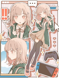  ! !! ... 1girl bag black_thighhighs blue_sky blush breasts brown_hair brown_skirt collared_shirt commentary controller danganronpa_(series) danganronpa_2:_goodbye_despair dualsense eyelashes flipped_hair game_controller hair_ornament handheld_game_console heart highres holding holding_bag hood hope's_peak_academy_school_uniform index_finger_raised jacket kida_kida long_sleeves looking_at_viewer medium_hair nanami_chiaki neck_ribbon nintendo_switch open_clothes open_jacket open_mouth outline pink_bag pink_eyes pink_ribbon pixel_heart playstation_controller pleated_skirt ribbon school_uniform shirt skirt sky solo sparkle spoken_ellipsis thigh-highs two-tone_shirt white_outline white_shirt 